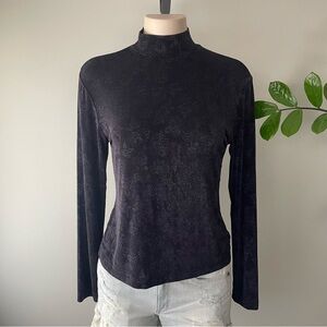 Vintage Script Floral Mock Neck Drapey Long Sleeve Top Washed Black Size Medium